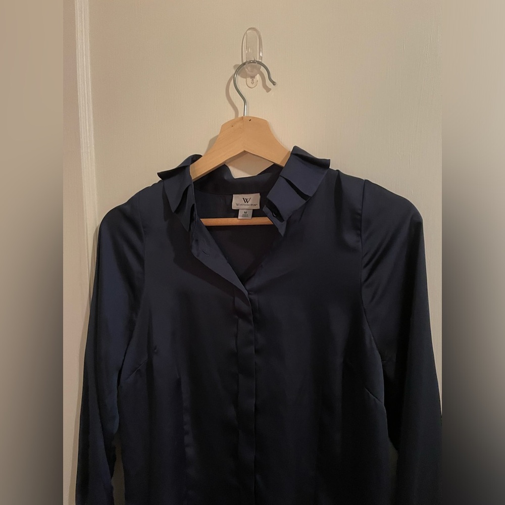 Worthington Women’s Silky Navy Blue Button-Down Blouse w/ Pleated Collar Sz. M